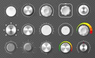 Gratis vector realistische set cirkel glanzende metalen regelgever knoppen voor niveauaanpassing op transparante achtergrond geïsoleerde vectorillustratie