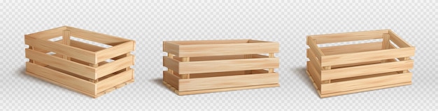 Gratis vector realistische set houten kisten geïsoleerd op transparante achtergrond vectorillustratie van lege houten kisten voor voedselverpakking en transport groente- en opslagmagazijn container
