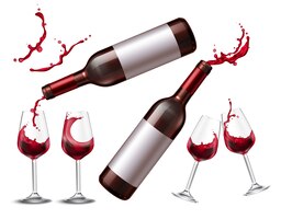 Realistische set met fles rode wijn en vier drinkglazen gevuld met drank