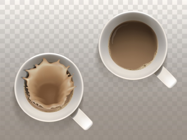 Realistische set met twee kopjes koffie, vloeibare splash, bovenaanzicht geïsoleerd op doorschijnende backgr