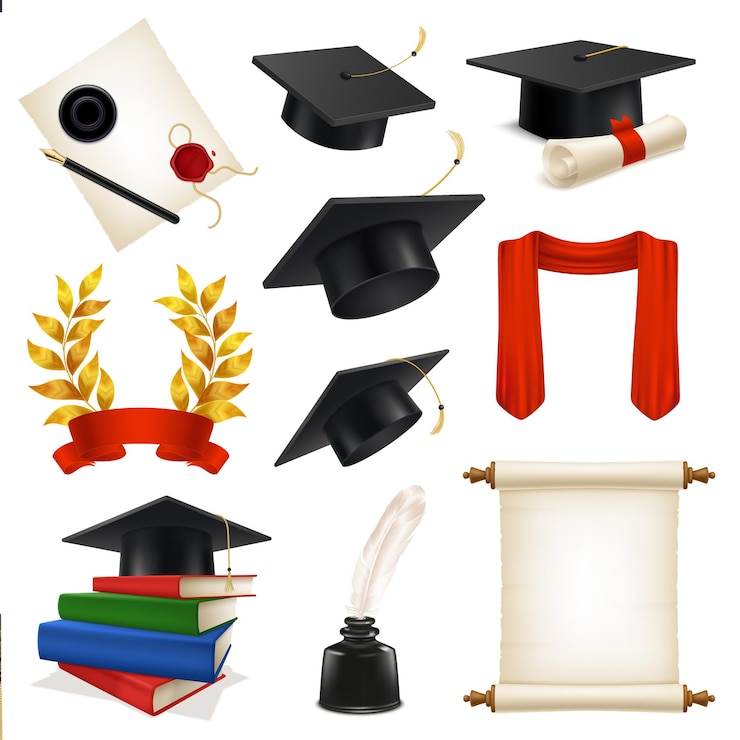 Gratis Vector realistische set met verschillende afgestudeerde objecten cap krans boeken pen zegel sjaal geïsoleerd op een witte achtergrond vectorillustratie