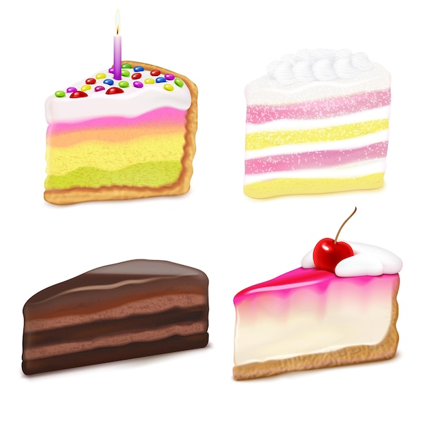 Gratis vector realistische set met vier stukjes chocolade berry cream verjaardagstaarten 2x2 ontwerpconcept geïsoleerde vectorillustratie