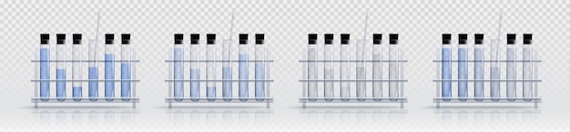 Gratis vector realistische set reageerbuisrekken geïsoleerd op transparante achtergrond vectorillustratie van chemische laboratoriumapparatuur met vloeibare substantie en druppelaar laboratoriumglaswerk voor wetenschappelijk experiment