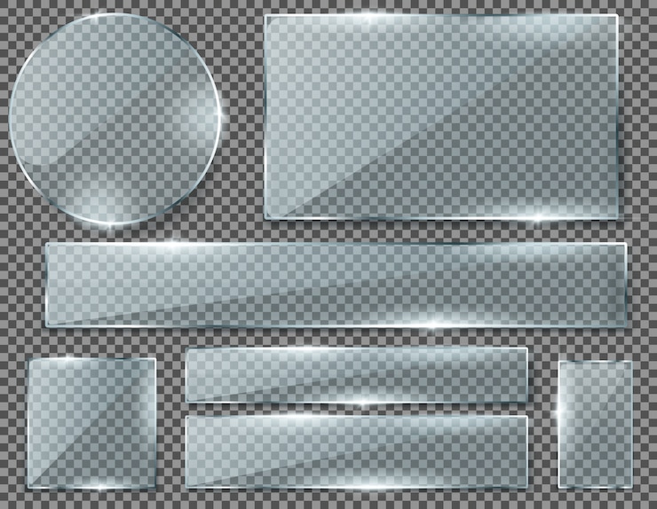 Gratis Vector realistische set transparante glasplaten, lege glanzende frames geïsoleerd op de achtergrond.