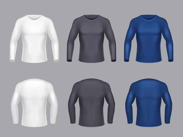 Gratis vector realistische set van blanco shirts met lange mouwen voor mannen, mannelijke casual kleding, sweatshirts