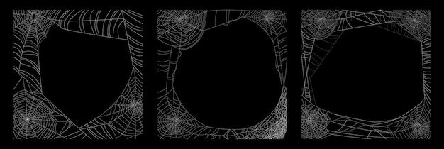 Realistische set van drie griezelige spinnenwebframes die op zwarte illustratie worden geïsoleerd als achtergrond