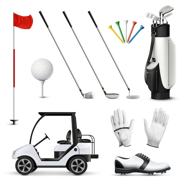 Realistische set van golfuitrusting en speler kledingstuk geïsoleerde vectorillustratie