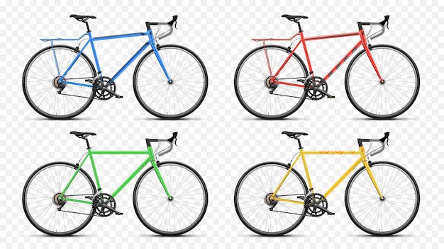 Realistische set van kleurrijke fietsen geïsoleerd op transparante achtergrond vector illustratie