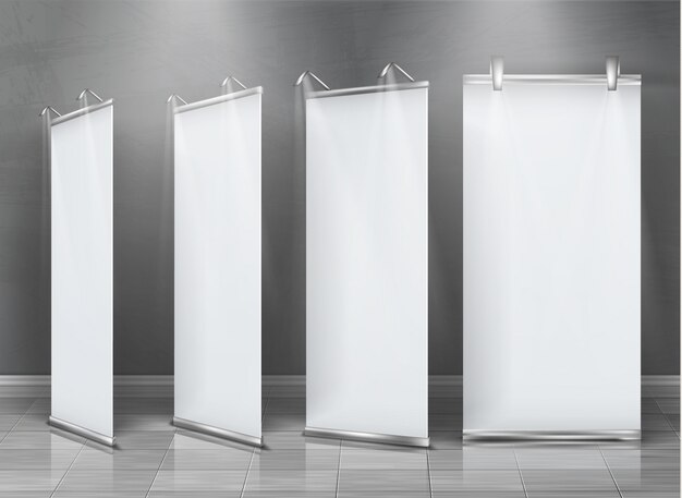 realistische set van lege roll-up banners, verticale stands voor tentoonstelling en zakelijke presentatie