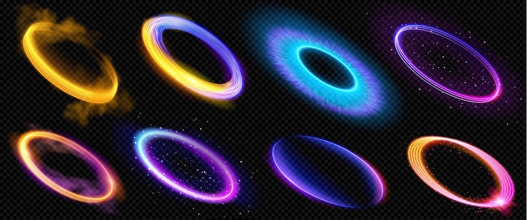 Gratis Vector realistische set van ronde lichtflitsen geïsoleerd op een transparante achtergrond vector illustratie van neon kleur gloeiende cirkels met rook fonkelende deeltjes explosie halo effect radiale energie vortex