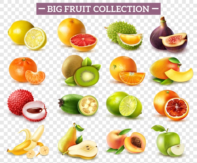 Realistische set van verschillende soorten fruit met oranje kiwi peer citroen limoen appel geïsoleerd op transparant