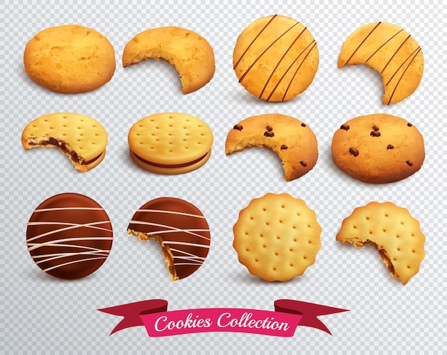 Gratis vector realistische set van verschillende vorm cookies geheel en gebeten geïsoleerd op transparant