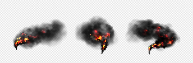 Gratis Vector realistische set van vuur en zwarte rook geïsoleerd op transparante achtergrond. vectorillustratie van vlammen en donkere wolken van smog die in de lucht stijgen door wildvuur na explosie en brand ontwerpelement