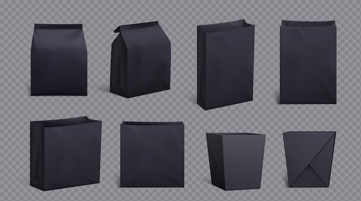 Gratis Vector realistische set van zwarte papieren zak en doos geïsoleerd op transparante achtergrond vector illustratie van open en gesloten ambachtelijke verpakking mockup voor takeaway eten lunch snack verpakking maaltijd container