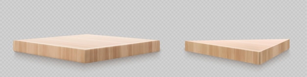 Gratis vector realistische set vierkante houten planken geïsoleerd op transparante achtergrond vectorillustratie van natuurlijke eiken dennen populieren driehoek houten platform hoekweergave podium voor productshow ontwerpvoorbeeld