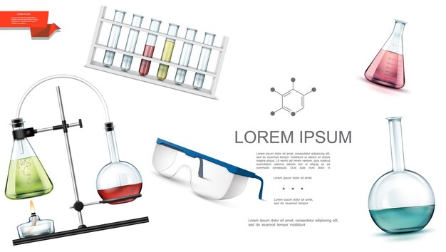 Realistische sjabloon voor laboratoriumapparatuur met reageerbuizen van verschillende vormen beschermende bril chemische reactietest met kolven en alcoholbrander