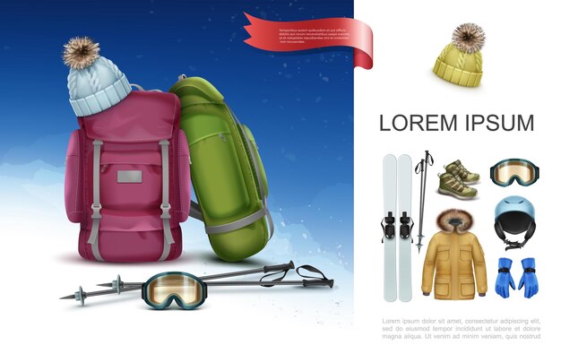 Realistische skikleding en uitrusting concept met rugzakken ski stokken gebreide muts sneakers bril helm handschoenen jas