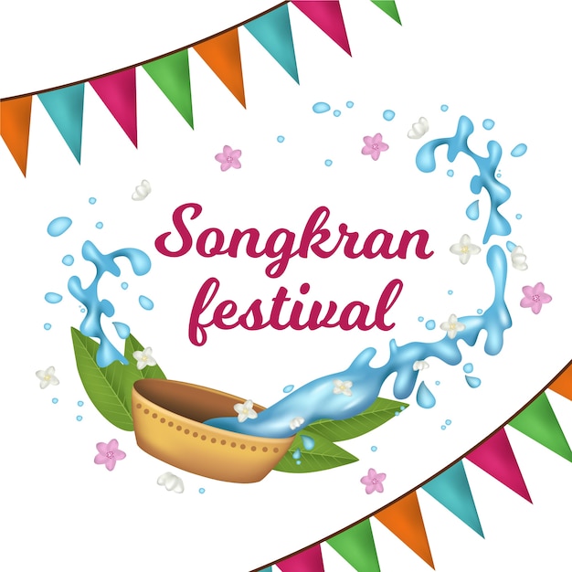 Gratis vector realistische songkran met slingers en water