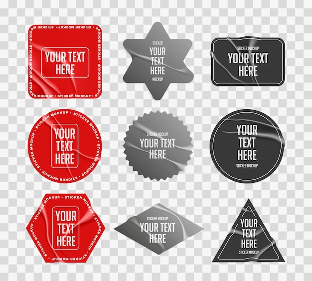 Gratis vector realistische stickers etiketten collectie met rood grijs en zwart gekleurde badges met marmeren textuur op achtergrond vectorillustratie