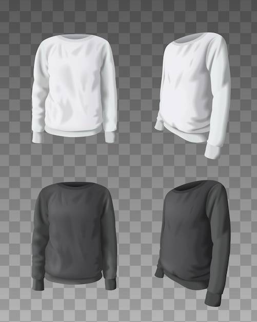 Realistische sweatshirt mockup sjabloon in witte en zwarte kleur op transparante achtergrond geïsoleerde vectorillustratie