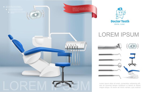 Realistische tandarts werkplek samenstelling met medische stoel lamp tand machines haken spiegel scaler illustratie