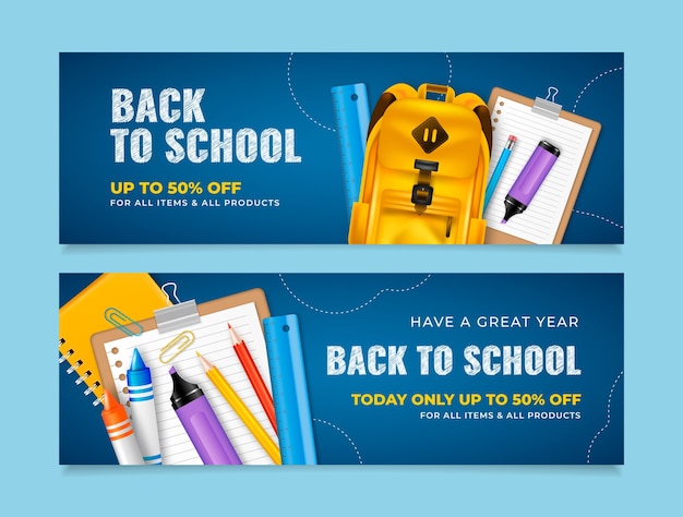 Gratis vector realistische terug naar school horizontale verkoopbanners set