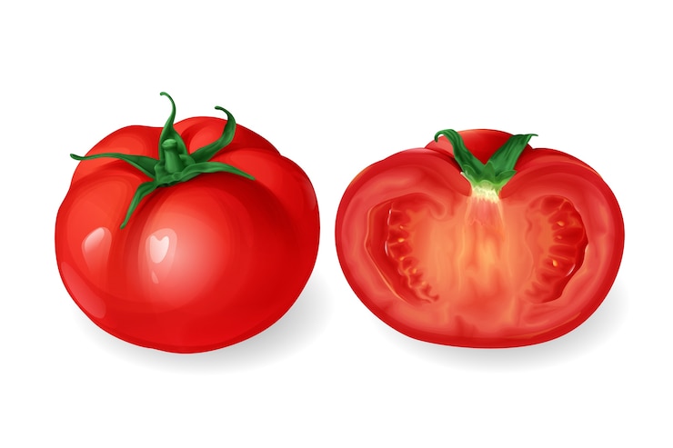 Gratis Vector realistische tomaat, rode ronde verse groent geheel en snij de helft.
