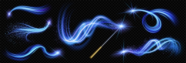 Realistische toverstaf met set van blauw licht vortex effecten geïsoleerd op transparante achtergrond vectorillustratie van lichtgevende lijnen met glanzende glitterdeeltjes magische energie kronkel tovenaarsspreuk