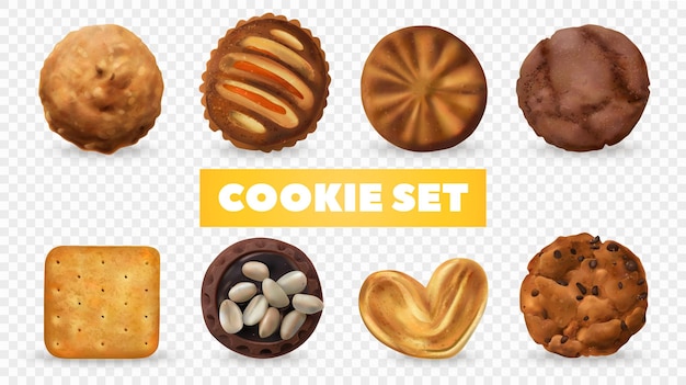 Realistische transparante koekjesreeks met karamel en chocolade geïsoleerde vectorillustratie