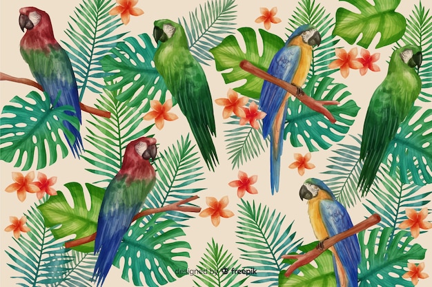Realistische tropische bladeren en vogels achtergrond