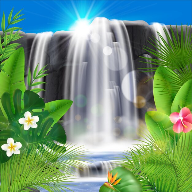 Realistische tropische waterval met bladeren en bloemenillustratie