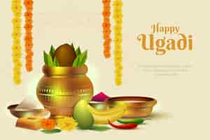 Gratis vector realistische ugadi banner met fruit en aanbod