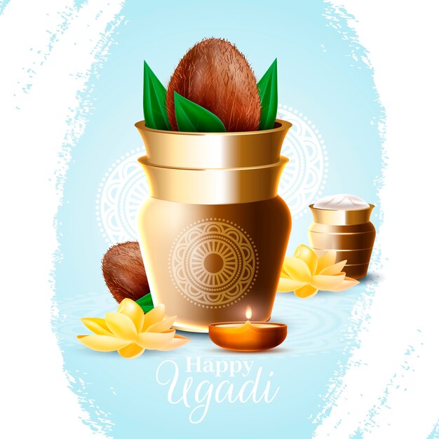 Gratis vector realistische ugadi vaas met lotusbloemen en kaarsen