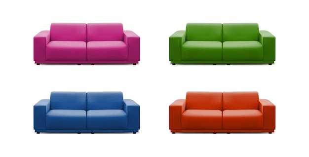 Gratis vector realistische vector icon set kleurrijke sofa's in verschillende kleuren geïsoleerd op een witte achtergrond