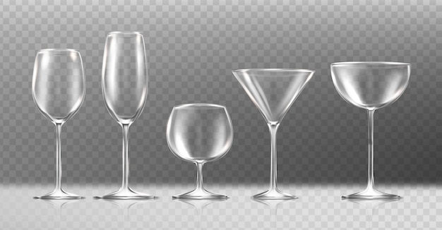 Realistische vector icon transparante glazen voor wijn coctail cognac champagne lege glazen geïsoleerd op transparante background