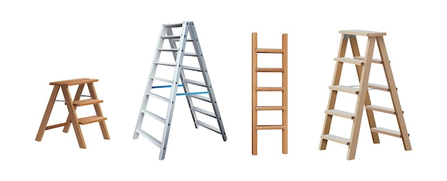 realistische vector pictogram illustratie Metalen en houten ladder in voor- en zijaanzicht geïsoleerd op w