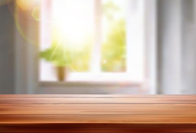 realistische vectorillustratie Houten tafel met wazige woonkamer op de achtergrond Banner fo