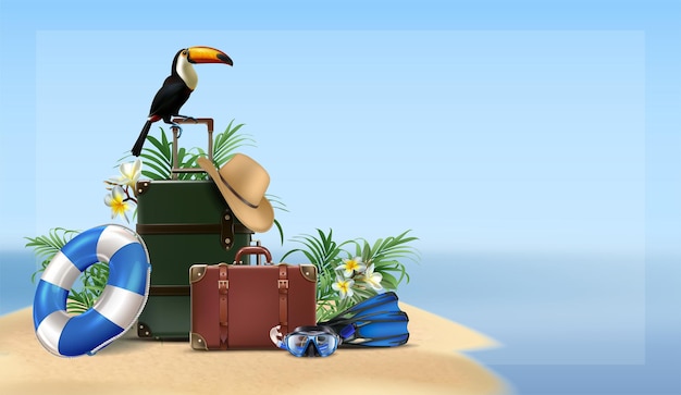 Realistische vectorillustratie reizen achtergrond zeezicht uitzicht met bagage hoed exotische vogel een