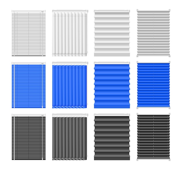 Gratis vector realistische vensterroosters met geïsoleerde witte, blauwe en zwarte getrokken roosters ontwerp van verschillende vormvectorillustraties
