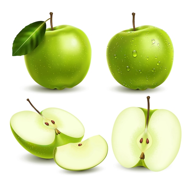 Realistische verse groene appel set met geheel en gesneden fruit met blad en waterdruppels geïsoleerde vectorillustratie