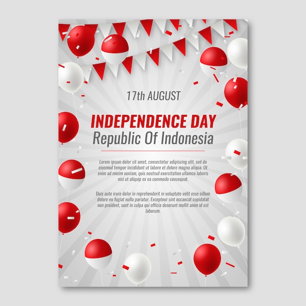 Realistische verticale postersjabloon voor de onafhankelijkheidsdag van Indonesië met ballonnen en confetti