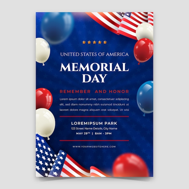 Realistische verticale postersjabloon voor de viering van de Amerikaanse herdenkingsdag