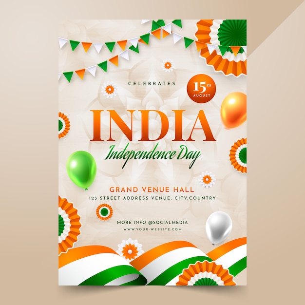 Gratis vector realistische verticale postersjabloon voor de viering van de onafhankelijkheidsdag van india