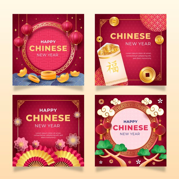 Gratis vector realistische verzameling instagram-berichten voor chinees nieuwjaar