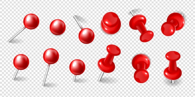 Realistische verzameling van verschillende rode kantoorpunaises op transparante achtergrond geïsoleerde vectorillustratie