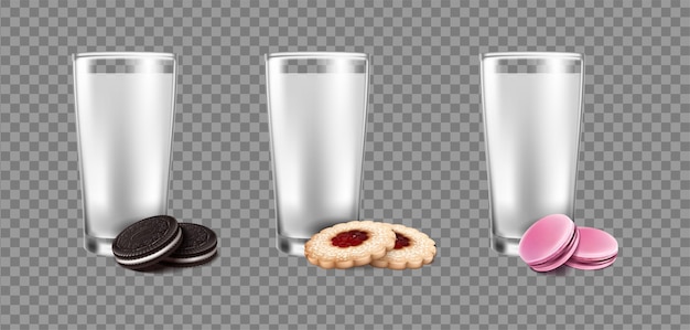 Realistische vetor icon set glazen melk met verschillende soorten koekjes chocolated linzer coo