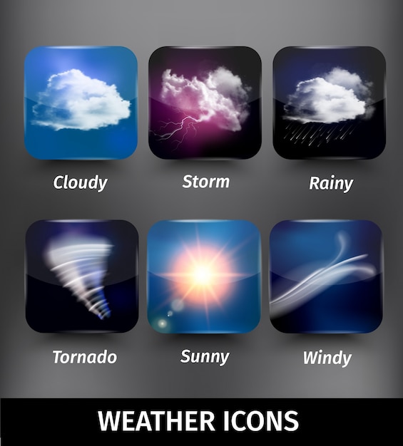 Gratis vector realistische vierkante weerpictogram ingesteld op bewolkte storm regenachtige tornado zonnige winderige thema's