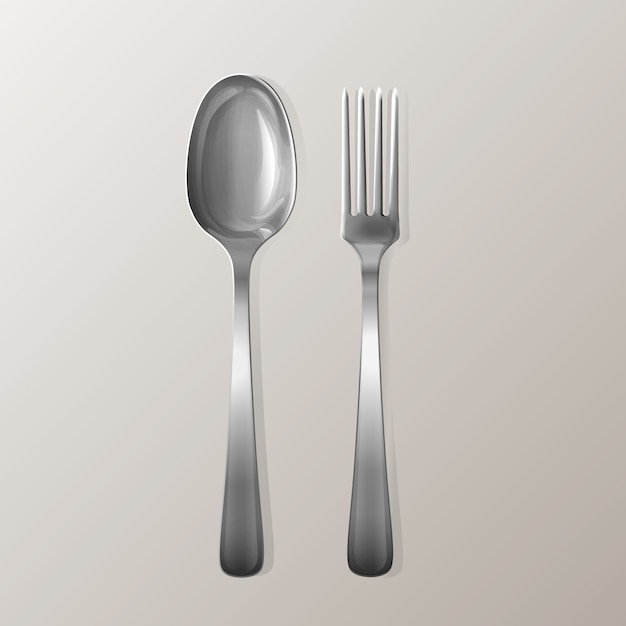 Realistische vork en lepel. Zilveren keukenset van roestvrij staal.