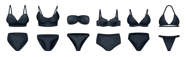 Gratis vector realistische vrouwelijke bikini set met geïsoleerde iconen van donker gekleurde broeken en bh's op lege achtergrond vectorillustratie