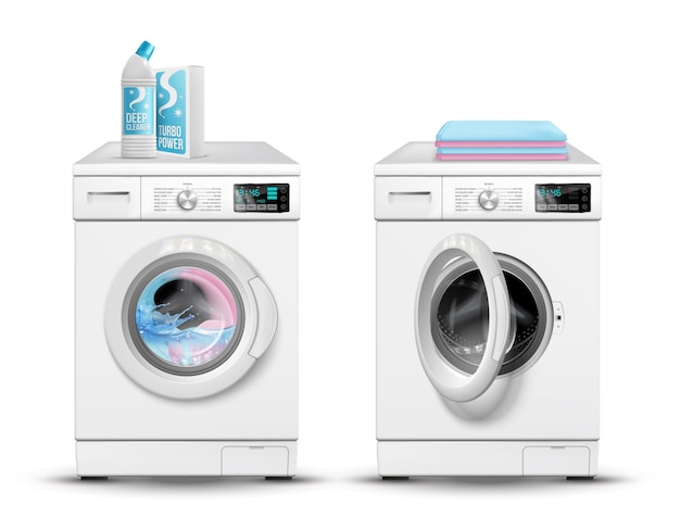 Gratis vector realistische wasmachine set met geïsoleerde afbeeldingen van werkende en stand-by wasmachines met reinigingsmiddelen vectorillustratie